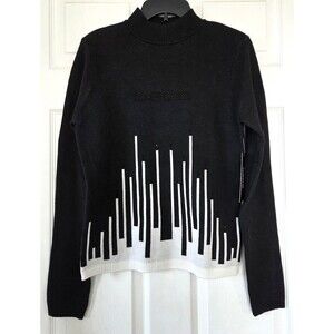 Bebe Black & White Mock Neck Geometric Skyline Tight Knit Sweater Women's L NWT